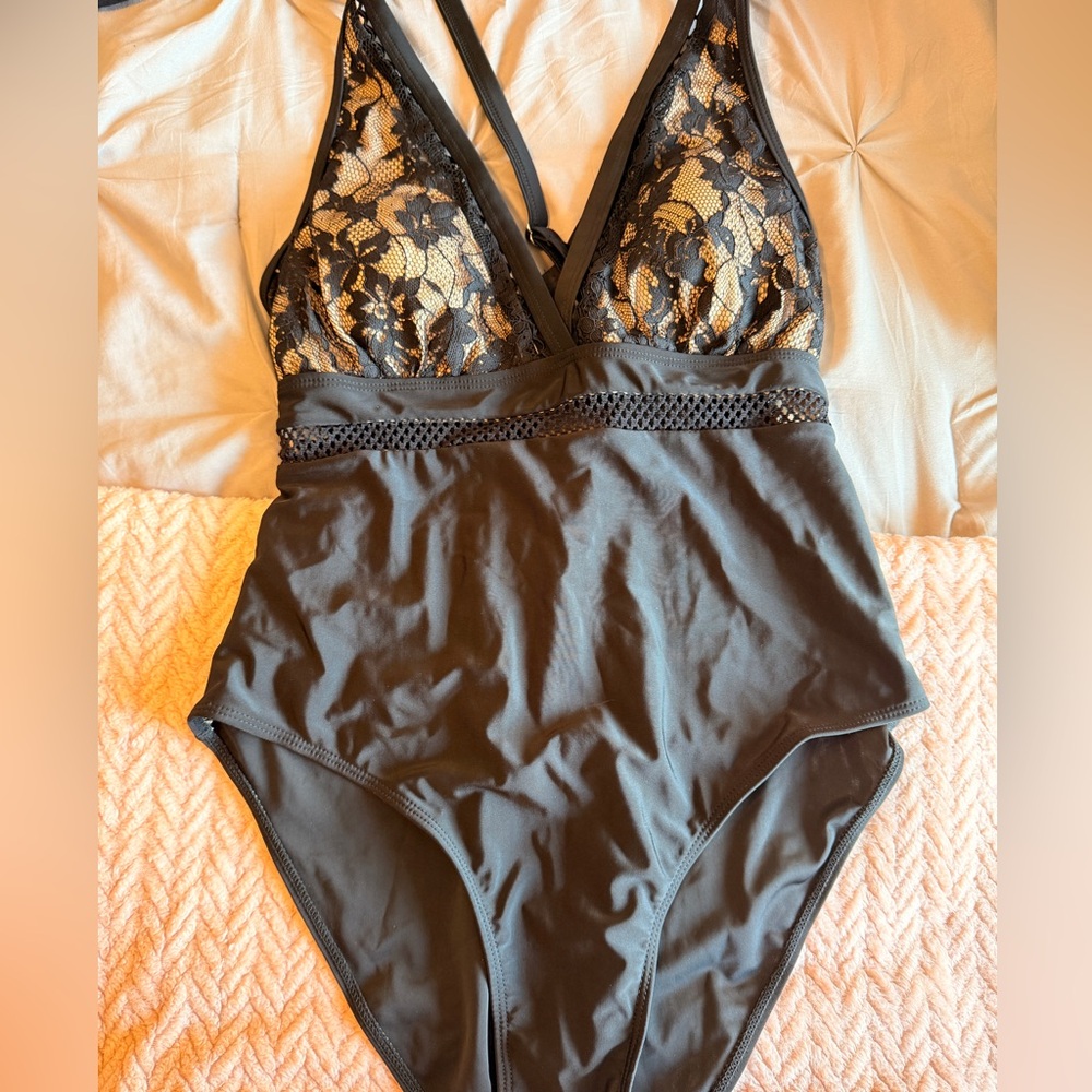 Black Lace-Trim One-Piece Swimsuit